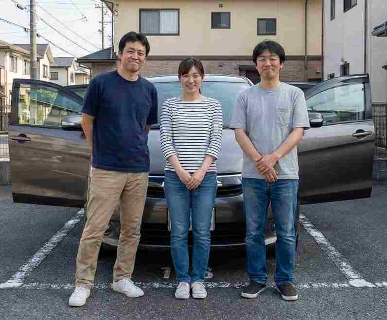 車内洗浄が終わった車の前で3人写った写真